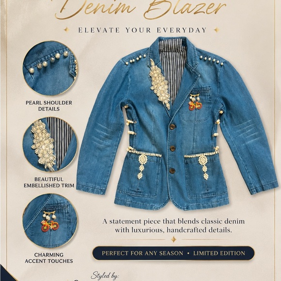 Jackets & Blazers - Denim Blazer with Pearl & Embellished Trim - Blue
